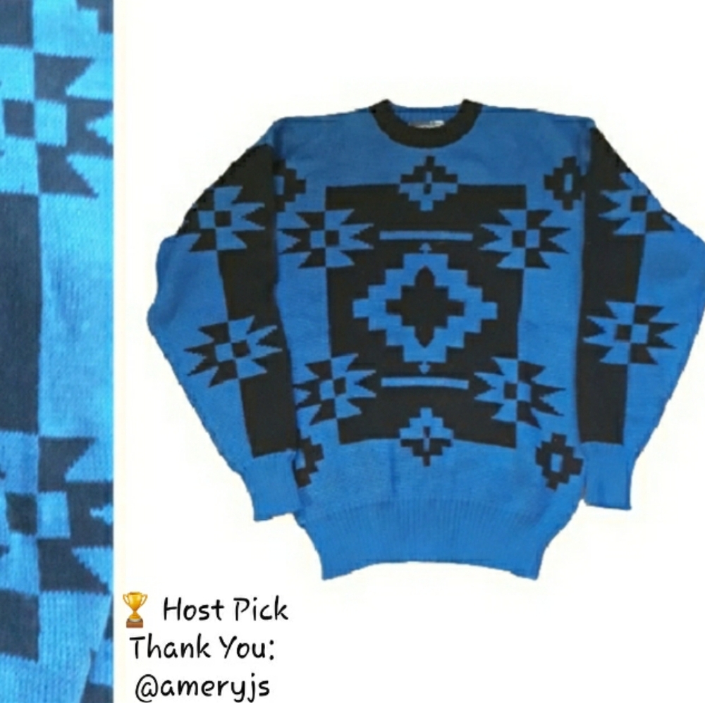 Vintage 80s Canyon River Blue Wool Blend Aztec Sweater Size Medium